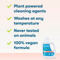 A container of ECOS Liquid Laundry Detergent next to a list of benefits: plant-powered cleaning agents, works at any temperature, cruelty-free, and 100% vegan formula.