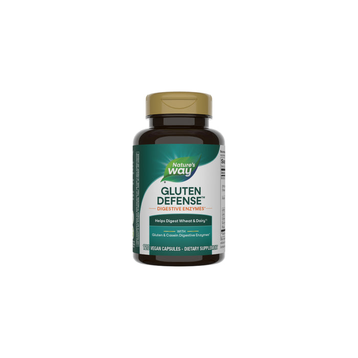 A bottle of Natures Way Gluten Defense™ dietary supplement with a green and white label, gold cap, and text highlighting support for digesting gluten and casein from wheat and dairy.