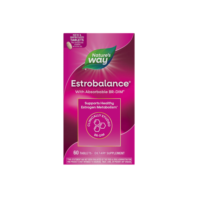 A pink and purple box of Nature’s Way Estrobalance – With Absorbable BR-DIM, containing 60 tablets. The label highlights support for healthy estrogen metabolism for women with clinically studied absorbable BR-DIM diindolylmethane.