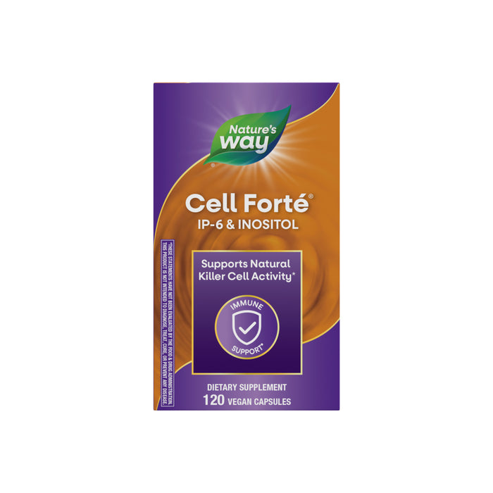 A purple and orange box of Natures Way Cell Forté® IP-6 & Inositol, formulated to support immune health and natural killer cell activity, contains 120 vegan capsules.