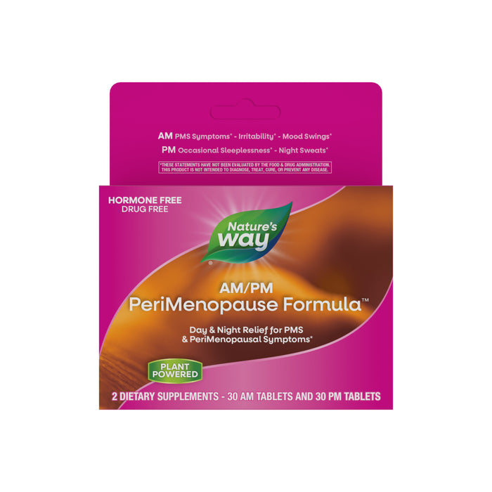Front of a Natures Way AM/PM PeriMenopause Formula box features hormone-free, drug-free, plant-powered tablets for menstrual and perimenopausal symptoms like night sweats. Dietary supplement offers AM/PM relief.