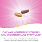 Two oval tablets on a pink background with rays, labeled New Tablet Look. Text below: Natures Way AM/PM PeriMenopause Formula—day and night relief for PMS, night sweats, and perimenopause. FDA disclaimer appears at the bottom.