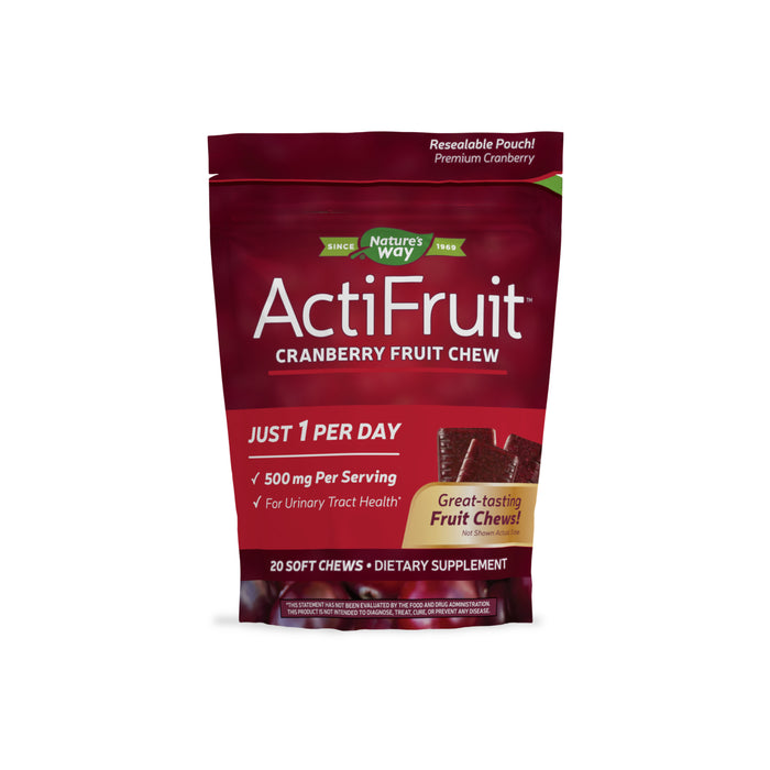 A red resealable pouch of Natures Way ActiFruit™ Cranberry Fruit Chew supplement displays text on urinary tract health, 500 mg per serving, and an image of the soft chews on the front.