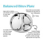 The Ahimsa Balanced Bites Divided Plate is a non-toxic stainless steel kids plate with three deep compartments and a modular design, perfect for balanced meals, snacks, or varying serving sizes.