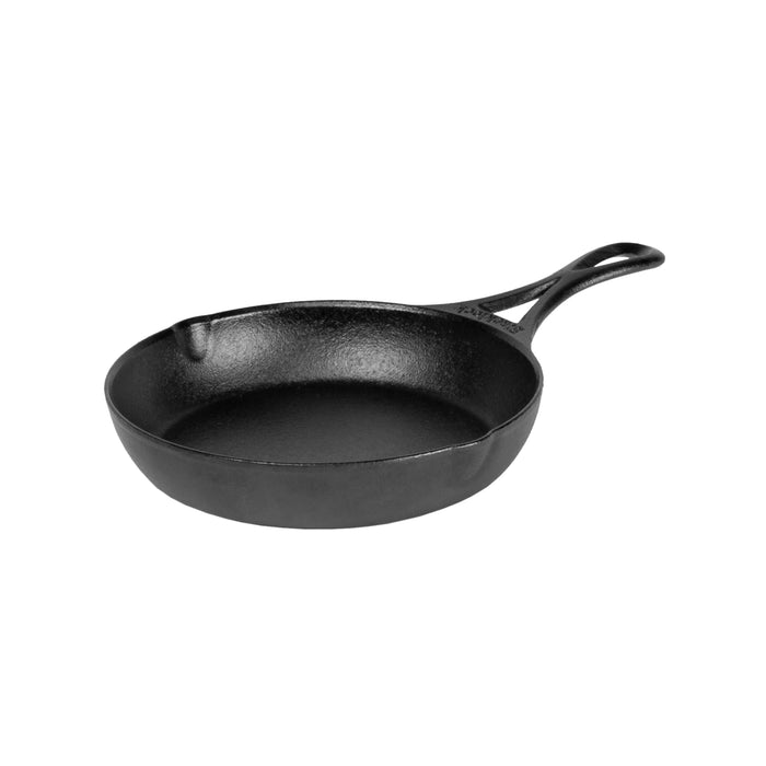 The Lodge Blacklock Blacklock Triple Seasoned Skillet, a lightweight cast iron pan with handle and dual pour spouts, is shown on a white background.