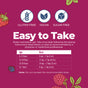 Here's a rewritten version of the sentence using your product data: MaryRuth’s Vegan Liquid Iron dosage chart includes icons for gluten free, vegan, and sugar free. Featuring Iron for Blood Health and powered by Ferrochel® Iron, this MaryRuth’s supplement is easy to add to your daily routine. Instructions: Take once daily; dosage differs by age group. Warning: Do not exceed recommended dose. Magenta background with berries and leaves adds a decorative touch.