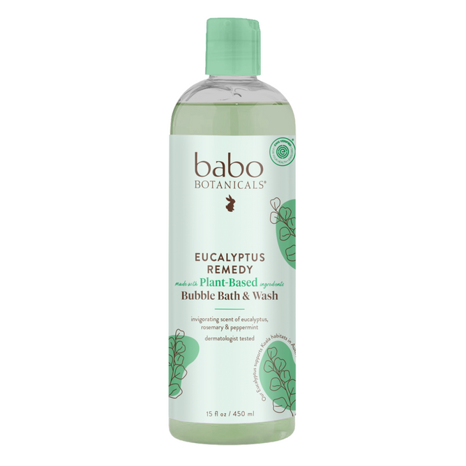 Babo Botanicals Shampoo, Bubble Bath & Wash is ideal for a rejuvenating soak. It features a green cap, plant illustrations on the label, hypoallergenic plant-based ingredients, and comes in a 15 fl oz (450 ml) bottle.