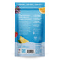 The back of a blue Ultima Replenisher Electrolyte Drink Mix - Sample pouch highlights hydration benefits: sugar free, zero carbs, non-GMO, gluten-free, and plant-based. Fruit images and usage instructions are also featured.