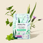 A package of HoneyPot Menstrual Pads - Herbal-Infused 100% Organic Cotton Cover is displayed alongside fresh mint, aloe vera, and lavender plants on a beige backdrop. The packaging highlights its cooling herbal infusion and the benefits of premium organic cotton, containing 16 herbal sanitary pads.