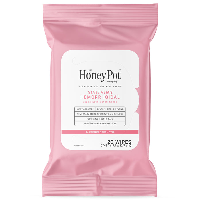 A pink pack of The Honeypot Company Soothing Witch Hazel Hemorrhoidal Wipes—20 gentle, flushable wipes (7x5) for non-irritating, plant-derived hemorrhoid relief and intimate care.