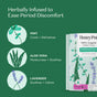 Infographic featuring mint, aloe vera, and lavender illustrations highlights their benefits in easing period discomfort. On the right, a package of HoneyPot Menstrual Pads - Herbal-Infused 100% Organic Cotton Cover is displayed, emphasizing the soothing effects of these herbal sanitary pads for your menstrual routine.