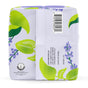 A package wrapped in floral paper with green leaves and purple flowers contains The Honeypot Company 100% Organic Cotton Cover Calming Herbal Infusion Long Liners, featuring a label with barcode, distribution info, and leak-proof protection.