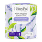 The Honeypot Company 100% Organic Cotton Cover Calming Herbal Infusion Overnight Pads offer leak-proof protection with wings. Each pack contains 12 pads infused with lavender, lemon balm, and ashwagandha. Lavender and leaf graphics decorate the package.