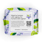 A floral package for The Honeypot Company 100% Organic Cotton Cover Calming Herbal Infusion Overnight Pads reads, “Made by humans with vaginas, for humans with vaginas.” Features plant-derived pads, leak-proof protection, QR code, website and socials.