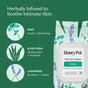HoneyPot Cooling Intimate Wipes – Herbal Infusion package features mint, aloe vera, and lavender illustrations, emphasizing their soothing and cooling benefits for intimate skin. The text details the hydrating ingredients and benefits of these pH-balanced wipes, expertly formulated to gently refresh and care for delicate areas.