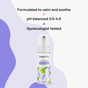 A bottle of HoneyPot Calming Intimate Wash - Herbal Infusion with text: Formulated to calm and soothe, pH balanced 3.5-4.5, Gynecologist tested. The design features green and purple accents with floral illustrations, reflecting its soothing intimate care benefits.