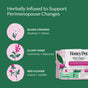 A labeled graphic features HoneyPot’s Peri-menopause Long Liners - Harmonizing Herbal Infusion, which are crafted with organic cotton and infused with black cohosh, clary sage, and red clover to soothe, restore, and uplift during perimenopause while supporting hormone balance. The image displays the product box alongside illustrations of the featured herbs.