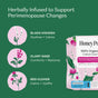 A package of HoneyPot Peri-menopause All Day/All Night Pads - Harmonizing Herbal Infusion is displayed alongside illustrations of black cohosh, clary sage, and red clover, emphasizing their soothing, comforting, and uplifting benefits for perimenopause and hormone balance.