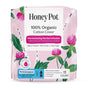 A pink floral package of HoneyPot Peri-menopause All Day/All Night Pads - Harmonizing Herbal Infusion contains 11 organic cotton pads with wings, specially designed to support hormone balance during perimenopause.
