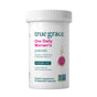 A white bottle labeled True Grace One Daily Women's Probiotic, featuring 90 billion CFU for vaginal, digestive, and immune health; highlights Non-GMO and Verified icons and includes added prebiotic fiber.