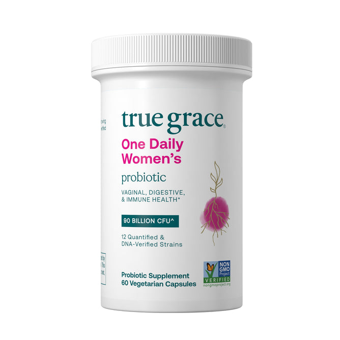 A white bottle of True Grace One Daily Women’s Probiotic - Digestive, Vaginal & Immune Health features pink and teal text, a microbe graphic, and highlights 90 billion CFU, 60 vegetarian capsules, Non-GMO Project Verified, and DNA-verified strains.