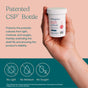 A hand holds a bottle of True Grace One Daily Women's Probiotic. Text highlights the patented CSP bottle, protecting probiotics from light, moisture, and oxygen for digestive health and longer shelf life. Icons: No Light, No Moisture, No Oxygen.