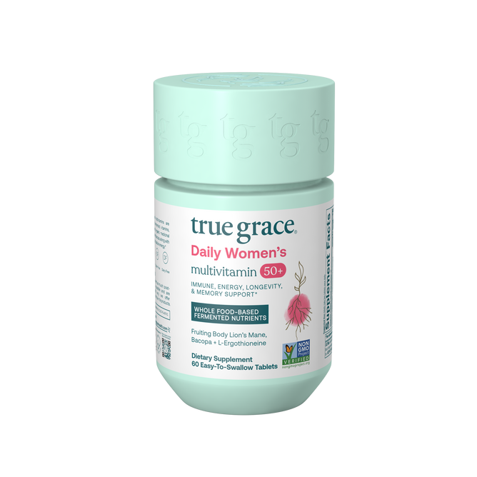 A mint green bottle of True Grace Daily Women’s 50+ Multivitamin Tablets offers longevity and memory support* with a non-GMO formula, featuring 60 easy-to-swallow tablets.
