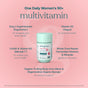 A mint-green bottle of True Grace Daily Women’s 50+ Multivitamin Tablets - Longevity & Memory Support* rests on a pink background, with text highlighting key ingredients and benefits for women over 50.