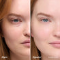 Split image of a woman's face shows subtle under-eye circles on one side and brighter, smoother skin on the other, thanks to RMS Beauty ReFresh Eye Brightener Broad Spectrum SPF 30 in shade ADORE.