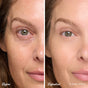 Side-by-side close-up of a woman's face. Left: under-eye circles, uneven tone. Right: smoother, brighter skin after using RMS Beauty ReFresh Eye Brightener Broad Spectrum SPF 30 in shade CHERISH. Text: "Before" and "Refreshed".