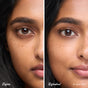 Split image: left shows a woman's natural skin, right displays a smoother, brighter complexion using RMS Beauty ReFresh Eye Brightener Broad Spectrum SPF 30 in shade HUSH. Lightweight mineral sunscreen included for added protection.