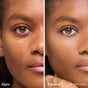 Side-by-side close-up of a woman's face: left shows her bare skin, right features smooth, even-toned makeup in shade Swoon with RMS Beauty ReFresh Eye Brightener Broad Spectrum SPF 30. Text reads Before and Refreshed.