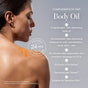 A woman with Kakadu Beauty Body Oil applied to her shoulder, next to text highlighting 24-hour hydration, fast-absorbing properties, and dermatologist-tested results.