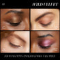 Close-up of four eyelids wearing RMS Beauty ReDimension Hydra Eyes Quartet shades: shimmery bronze (New Penny), matte peach (Warm Saddle), soft gold (Sun Shower), and metallic berry (Bonfire Glow). Talc-free eyeshadow palette.