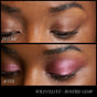 Close-up of closed eyes showing a makeup transformation: neutral brown eyeshadow (before), then shimmery pink "Bonfire Glow" from RMS Beauty ReDimension Hydra Eyes Quartet (after).