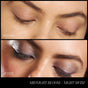 Close-up of closed eyes with bare lids labeled Before; below, lids shine in purple and silver from RMS Beauty’s ReDimension Hydra Eyes Quartet, labeled After. Bottom text: Midnight Bloom // Night Swim.