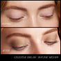 Close-up of closed eyes shows “before” with bare lids, and “after” with shimmering gold and bronze applied using the RMS Beauty ReDimension Hydra Eyes Quartet. Text reads: “Celestial Dream // Botanic Melody.”.