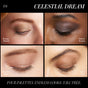 Four close-up images of eyelids with gold shimmer (Botanic Melody), smoky plum, peachy nude, and bronze brown looks from the RMS Beauty ReDimension Hydra Eyes Quartet. Text: Celestial Dream. Talc-free, long-wearing eyeshadow for any mood.