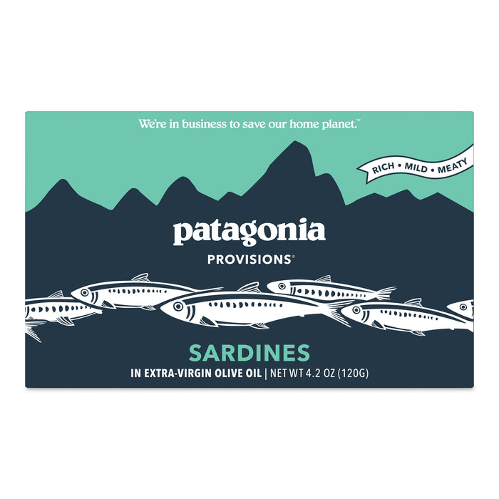 Rectangular package of Patagonia Provisions Sardines. The design features illustrated sardines, stylized mountains, and text: Rich • Mild • Meaty, Sardines in Extra-Virgin Olive Oil, and Net Wt 4.2 oz (120g).