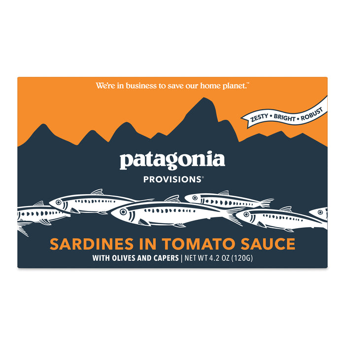 Patagonia Provisions sardines in tomato sauce packaging, featuring stylized sardines, mountain silhouette, and text highlighting Zesty • Bright • Robust flavor with olives and capers, net weight 4.2 oz.
