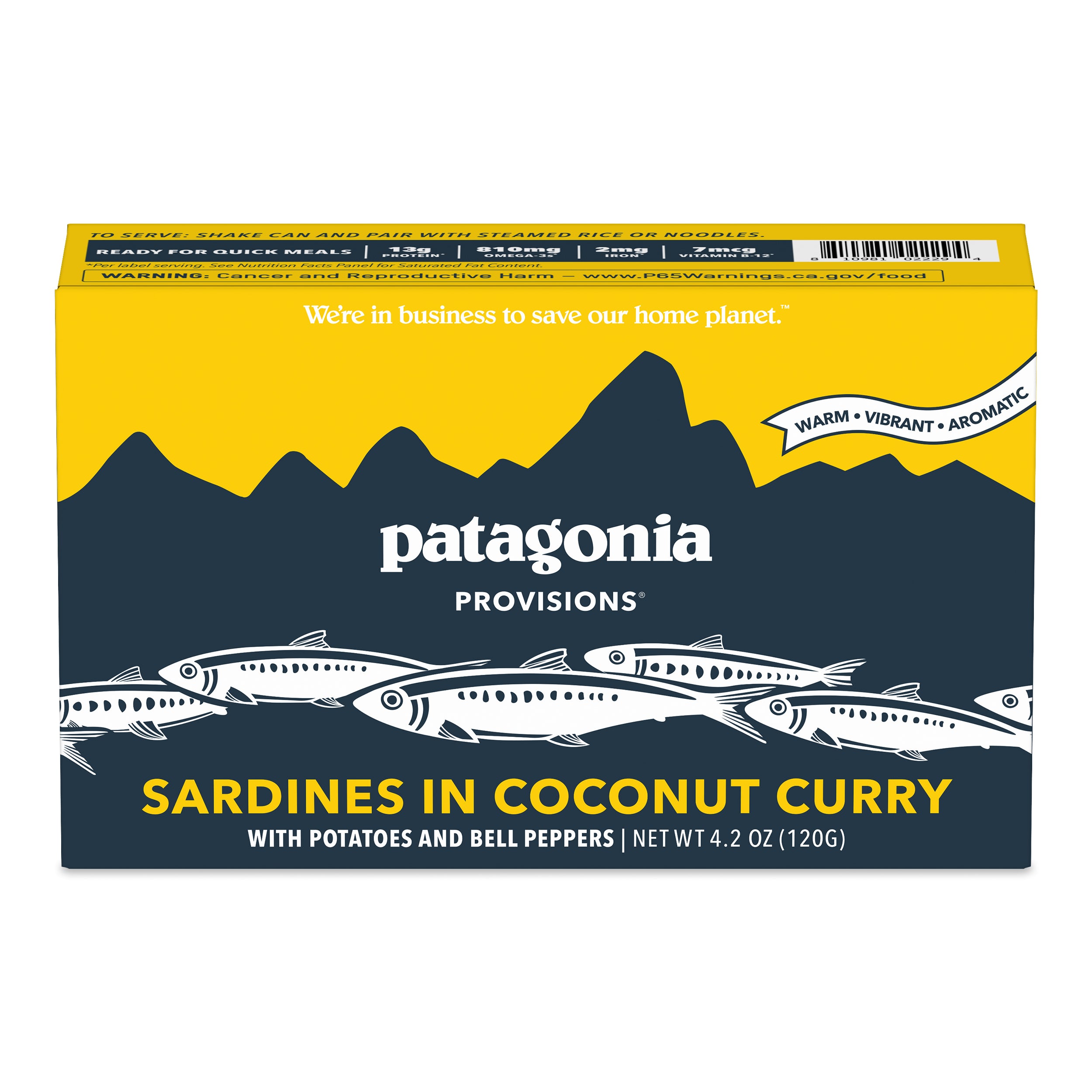 A 4.2 oz (120g) box of Patagonia Provisions Sardines Coconut Curry, featuring vibrant yellow mountain art and notes highlighting responsibly sourced sardines with organic potatoes and bell peppers.