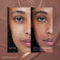 Side-by-side close-up of a womans face: left shows before with natural skin, right shows after using RMS Beauty SuperNatural Radiance Serum Broad Spectrum SPF 30 Sunscreen—unretouched, smoother, even-toned skin. Text: Shade RICH AURA on a brown liquid-texture background.