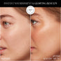 Side-by-side close-up of a woman’s face shows before dull skin and after glowing, radiant skin using RMS Beauty ReDimension Hydra Bronzer. Text highlights instant nourishment and a talc-free, refillable compact for glowing results.