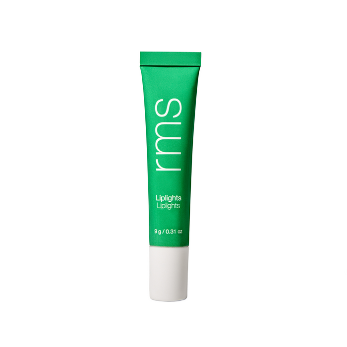 A green tube of RMS Beauty Liplights Cream Lip Gloss with white text and a white cap, made from recycled aluminum, stands upright on a white background.