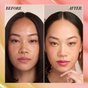 Side-by-side photos of the same woman. On the left, her face is makeup-free; on the right, she wears RMS Beauty Liplights Cream Lip Gloss in bright pink with defined brows, eyeshadow, and blush. BEFORE and AFTER label each image.