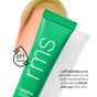 A green tube labeled RMS Beauty Liplights Cream Lip Gloss rests on a beige-pink smear. Text highlights its hydrating, pH-adjusting balm that creates a custom vibrant pink shade. A pH adjusting droplet graphic appears nearby.