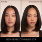 Side-by-side comparison of a woman’s face labeled Before and After Hydra Setting Powder. The After side shows smoother, more even-toned skin, thanks to RMS Beauty’s skincare-infused, talc-free formula. Text below reads: Skin-perfecting results.