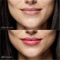Close-up of a womans lips before and after applying RMS Beautys Legendary Lip Oil: the before shows natural lips, while the after highlights glossy, vibrant pink lips with a hydrating finish.