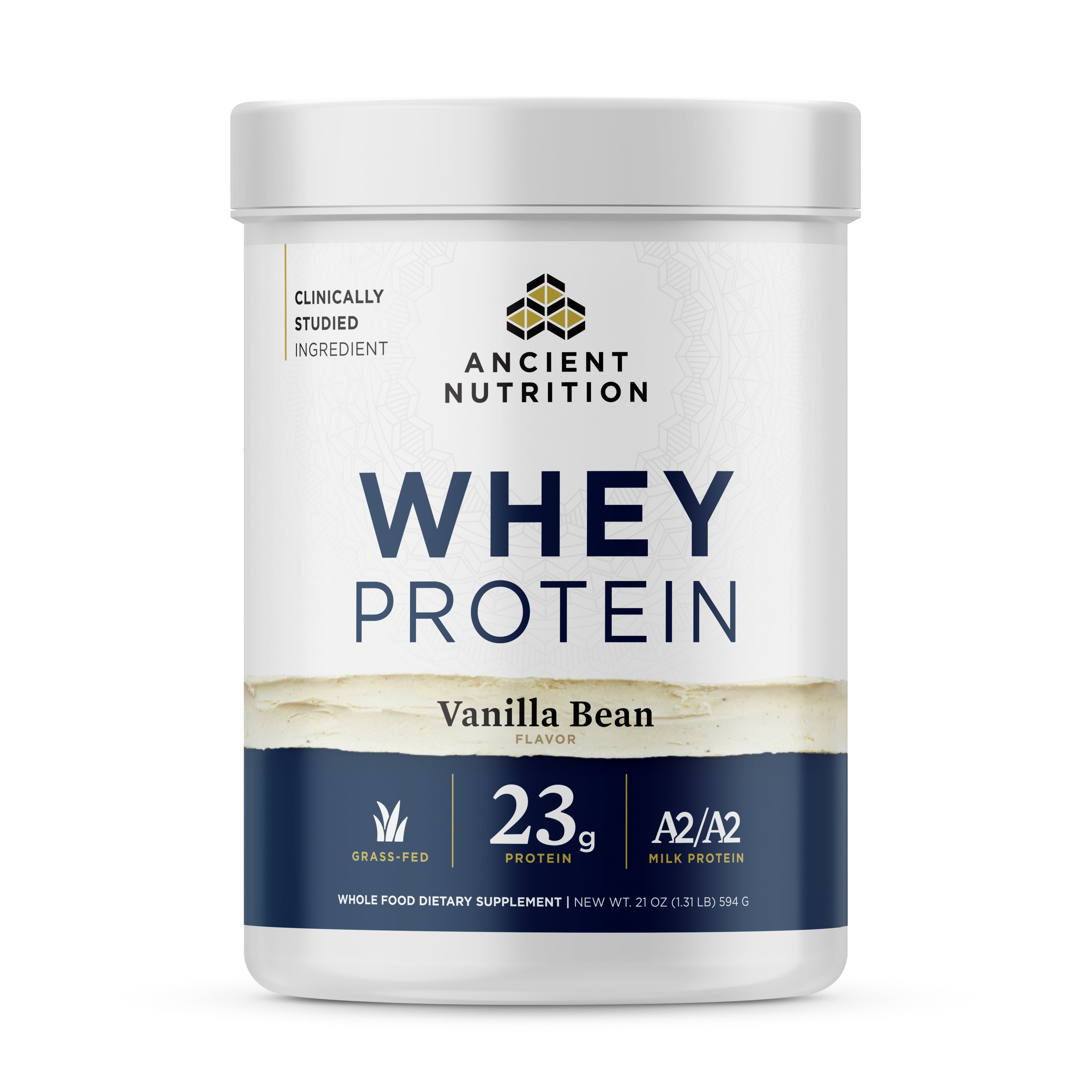 A container of Ancient Nutrition Grassfed Whey Protein, Vanilla Bean flavor, offers 23g of protein per serving. Its made with A2/A2 grass-fed milk protein, featuring a white and beige design, ideal for dietary supplement needs.