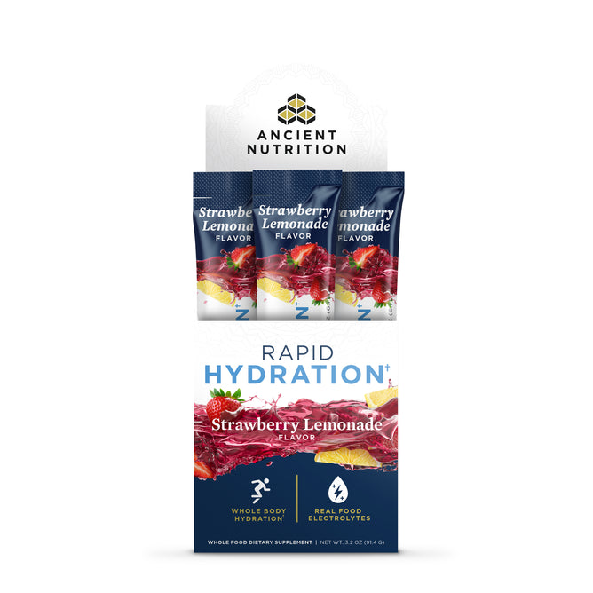 The Ancient Nutrition Hydration Powder, 3.2 oz, features vibrant images of strawberries and lemons on the box, highlighting its strawberry lemonade flavor with real food ingredients, coconut water, and electrolytes for effective whole-body hydration.